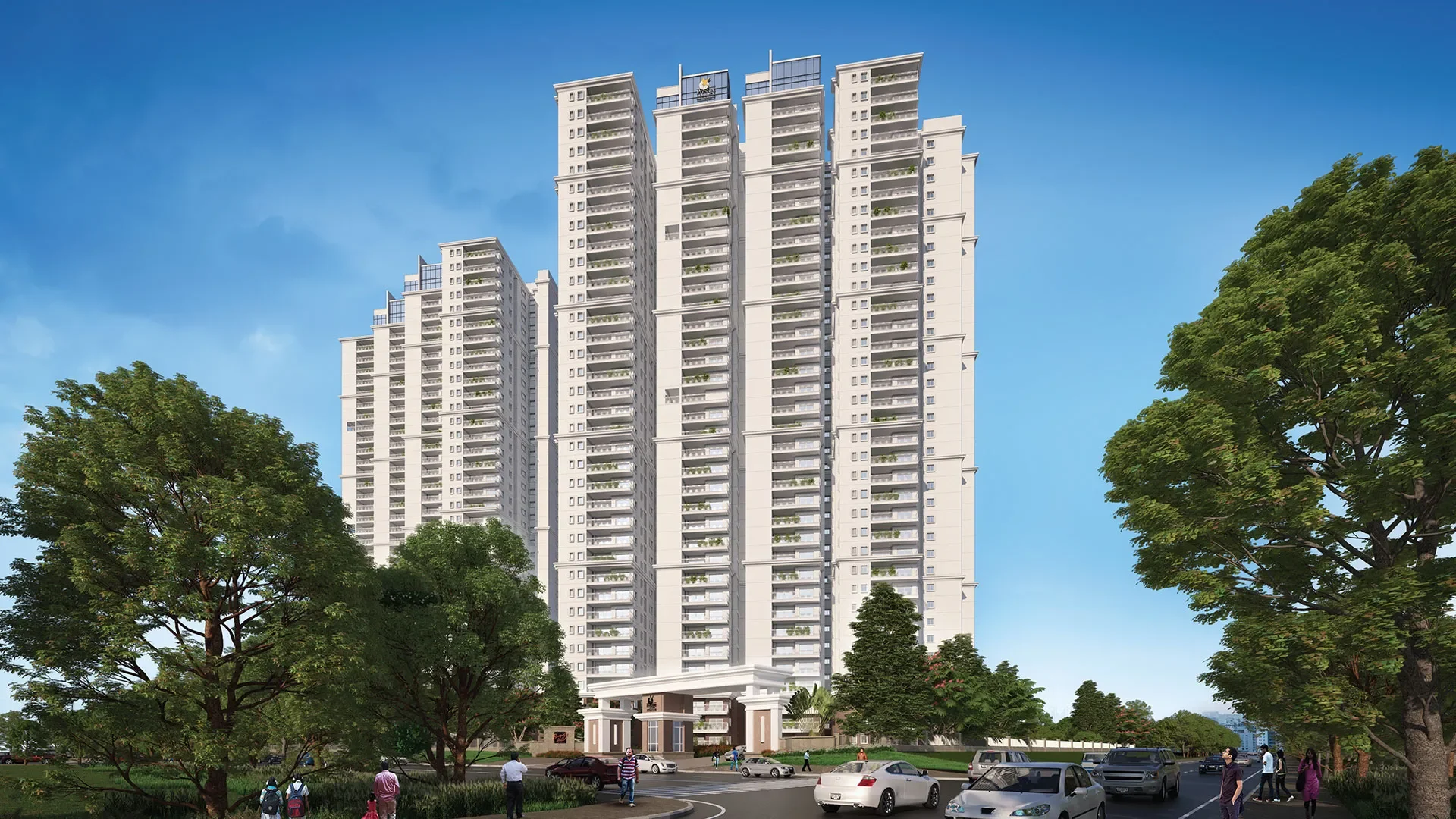 Striking exterior elevation of the G+35 high-rise residential towers at Prestige Beverly Hills in West Hyderabad